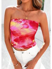 Tops tubo sin tirantes para mujeres, tops cortos con diseño floral de malla estilo Y2K para atuendos de salida en verano 2025 - Rosa Fucsia - Ver 5