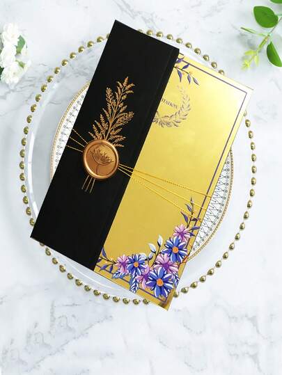 1/5 Set de cărți de invitație de nuntă - invitații de 5x7, sigiliu de ceară aurie, panglică pentru nuntă, petrecere, ziua de naștere, invitații (negru)