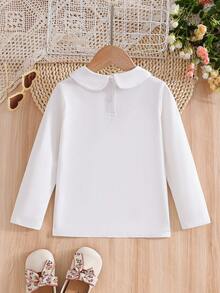 少女花卉刺绣领长袖T恤，秋季 - 白色 - 查看 2