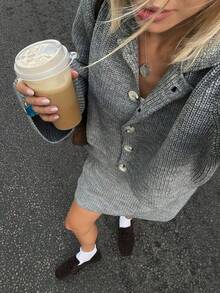 2025 秋冬新款时尚宽松街头风翻领前扣针织开衫套装搭配迷你裙，适合演唱会服装、约会之夜、基本款上衣、秋季服装、返校节、返校节、性感、生日礼服、褶皱、秋季女装、韩式、端庄女士、派对女士、Y2K 女士、外出上衣、演唱会女士、约会之夜女士 - 灰色 - 查看 4