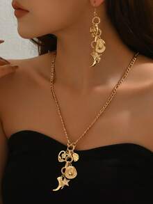 3 件西部牛仔风格靴子、牛仔帽、星星、心形、玫瑰金金属纹理多吊坠粗链项链，个性化女士金色金属首饰，适合休闲、度假、约会、礼物