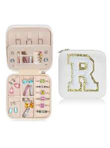 1pc Portable Travel Jewelry Box, Custom Lettered (A-Z) Organizer, Multi-Layer Jewelry Case With Mirror And Makeup Brush Holder, Suitable For Rings, Necklaces For Women Storage Organizer Travel Essentials Back To School Dormitory Storage