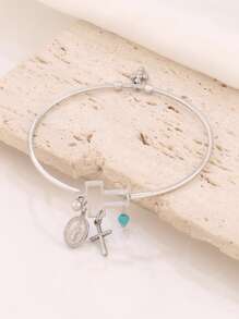 1 pieza Pulsera de acero inoxidable con colgante de Virgen María, pulsera abierta con dijes de cruz turquesa, joyería