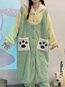 Bata de Invierno Mujer con Capucha de Pelo Coral - Diseño Animal Peludoso, Ultra Caliente y Transpirable para Fiesta de Pijamas - Verde - Ver 2