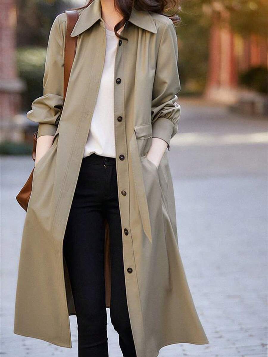 Gabardina fina para mujer, estilo británico, cinturón con botones en la cintura, elegante y a la moda, chaqueta camisa de longitud media. - Caqui - Ver 1