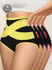 4-Pack Women's High-Waisted Body-Contrast Briefs, Fashionable, Sporty, Comfortable And Breathable