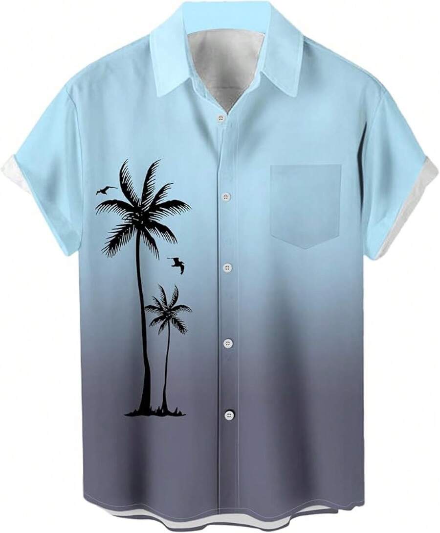 Men's Short Sleeve Button Up Hawaiian Shirt 1950s Vintage Bowling Shirts-20256688 - 漸層藍灰色 - 查看 1