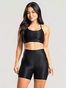 Women's Ribbed Gym Top And Shorts Fitness Set With Premium Shine - Black - View 2
