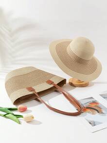Set de 1 sombrero + 1 bolso en estilo bohemio para mujer, ideal para vacaciones - Beige y caqui - Ver 2
