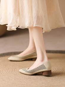 Women Summer Beige High Heel Pumps/Thick Heel Hollow Breathable Square Toe Slip-On Pumps/Fashionable Elegant Square Toe Loafers
