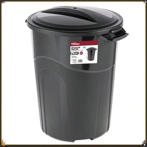 32 Gallon Heavy Duty Plastic Garbage Can, Included Lid, Indoor/Outdoor, Black