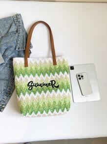 New Straw Woven Bag, Women's Large Capacity Shopping Tote Bag, Striped Letter Beach Bag, Embroidery Leisure Travel Lightweight Handbag
