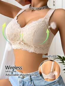 1pc Nude 1pc Lace Women's Lingerie Non-Wired Thin Breathable Quick-Dry Comfortable Side-Support Bra 4-Row Hook Adjustable High-End Full Coverage Elegant Bra - Apricot - View 12