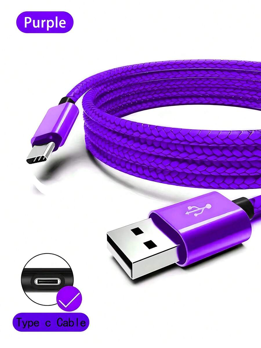 60W USB 轉 Type-C 快充傳輸線,尼龍編織 USB-A 轉 USB-C 充電線,適用 Galaxy S26/S25/S24/S23/S22/S21/S20 手機充電線,1條/3條,萬聖節禮物/聖誕禮物 - 紫色 - 查看 1