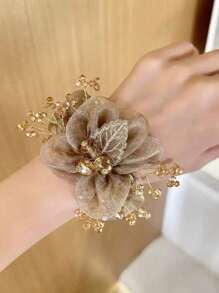 Mesh Lace Flower Crystal Hair Scrunchies, Luxurious Exquisite Elegant Hair Ties, Stretchy Decorative Coiled Hair Scrunchies With Premium Design, Suitable For Women's Parties, Occasions And Daily Wear, Scrunchy Hair Ties