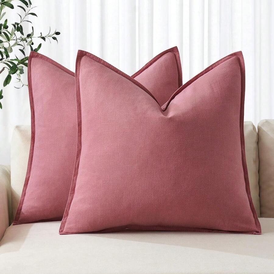 Local Delivery- Decorative Linen Pillow Covers 18x18 Inch Natural Beige Boho Farmhouse Neutral Couch Throw Pillows For Bed Pack Of 2 Accent Outdoor Pillowcase Modern Sofa Cushion Livingroom Home Decor - Cranberry Red - 查看 1