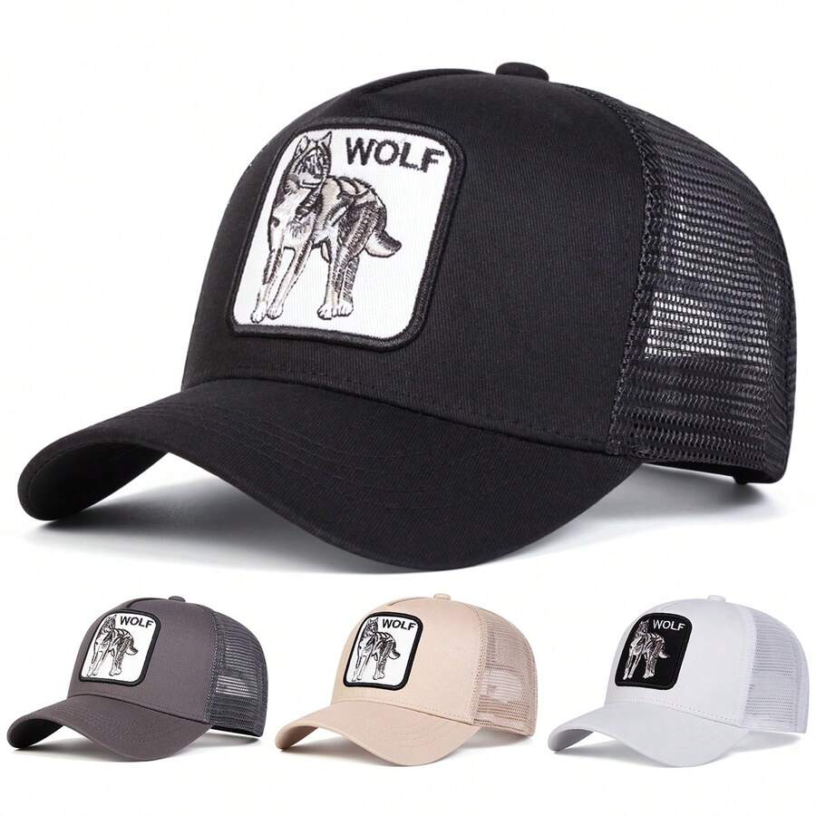 1pc Men's Wolf Embroidery Letter Trucker Hat, Casual Baseball Cap, Streetwear Style For Spring, Autumn, Travel, Vacation - Multicolor - View 1