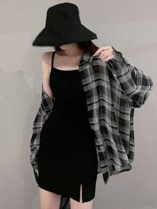 格子衬衫 女式夏季新款休闲宽松雪纺衬衫 防晒外套 - 黑色 - 查看 3