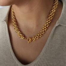 2pcs/Set Lightweight Luxury Minimalist Stainless Steel Short Necklaces - Golden Braided Chain Design, Versatile For Daily & Vacation Wear, Chunky Chain Elegant Accessory