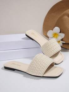 Plus Size Women's Spring/Summer New White Square Toe Flat Sandals, Fashion Rhinestone Strap Slippers, Holiday Essential, Suitable For Dresses - White - View 3