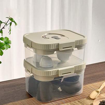 1 件透明塑料茶具收纳盒带沥水盘，多功能大容量可堆叠桌面收纳盒，适用于茶杯和茶壶，便携式密封防尘收纳盒，适用于家庭、客厅和办公室