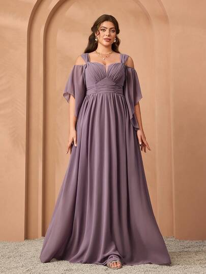 Mgiacy New Arrival Off Shoulder Elegant Bridesmaid Dress Ruched Flounce Sleeve Chiffon Long Dress,Elegant Dresses For Women