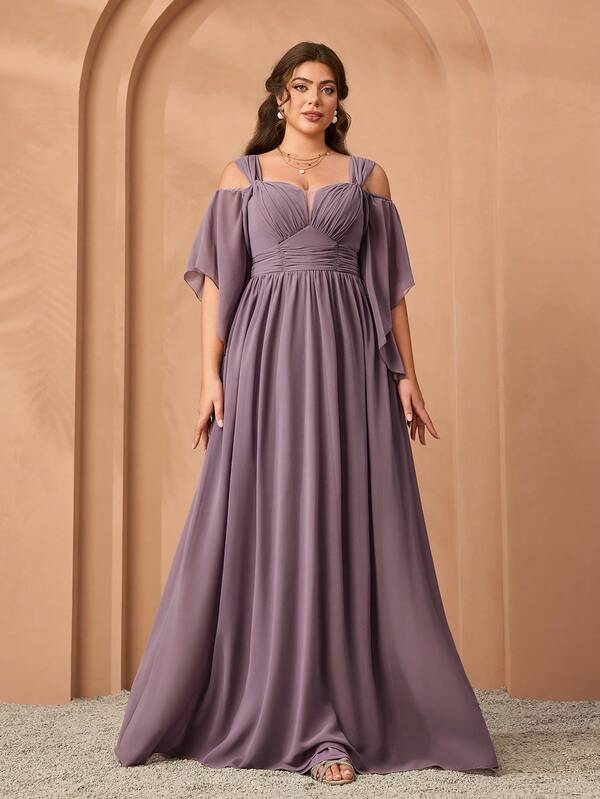 Mgiacy New Arrival Off Shoulder Elegant Bridesmaid Dress Ruched Flounce Sleeve Chiffon Long Dress,Elegant Dresses For Women