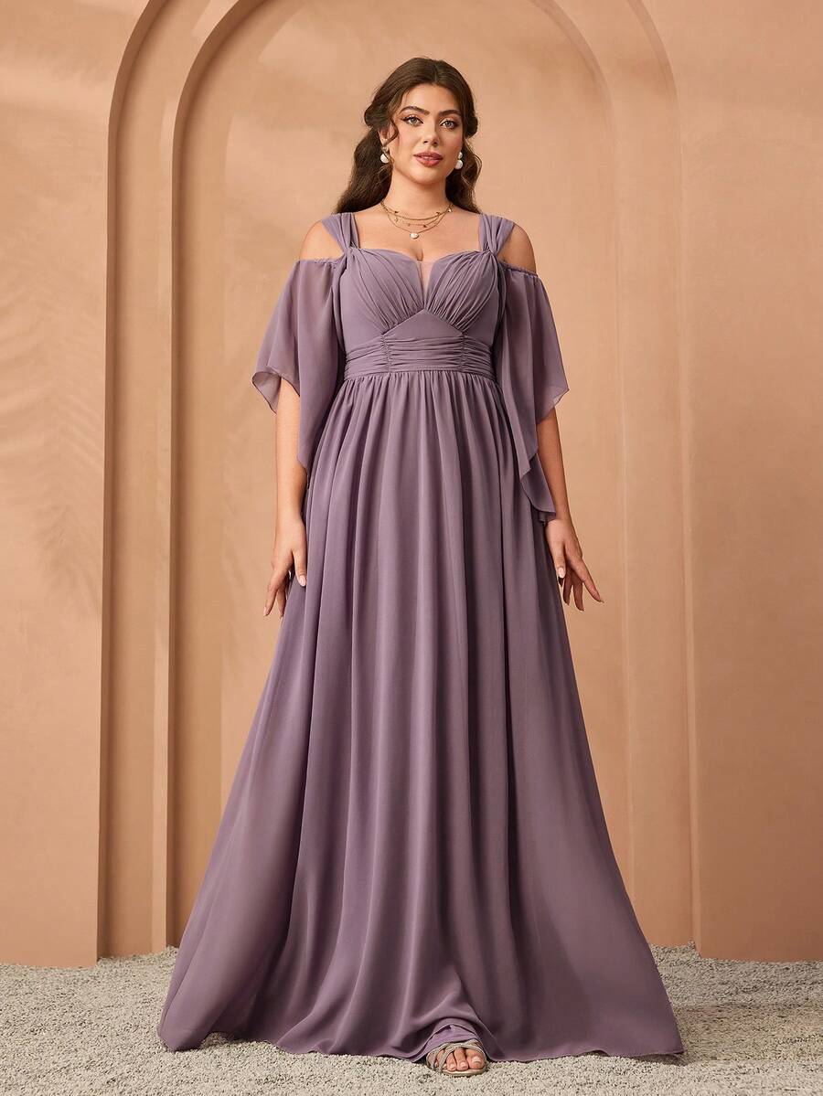 Mgiacy New Elegant One-Shoulder Ruffle Sleeve Chiffon Dress, Plus Size Bridesmaid Gown - Bụi hồng - Xem 1