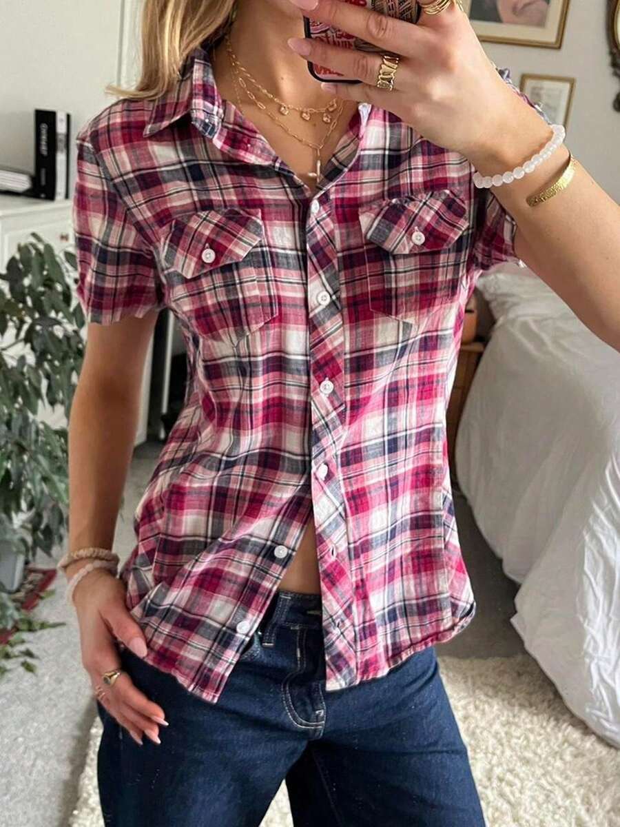 Women's Button Down Shirt Casual Contrast Color Plaid Turn Down Collar Short Sleeve Tops For Spring Summer - Red - View 1