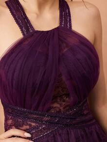 花卉蕾丝边细肩带透视刺绣A字开叉下摆晚礼服 - 紫色 - 查看 2