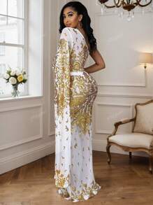 1pc One-Shoulder Long Sleeve Mesh & Sequin Patchwork Party Dress