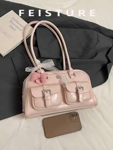 1pc FEISTURE Multifunctional Shoulder Bag With Pockets And Bow Decor, Zipper Closure, Suitable For Everyday, Dates, Commute - Pink - View 3