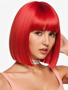 Stylish Red Bob Wig With Bangs - Short Straight Cosplay Wig For Halloween Parties, Versatile For All Ethnicities, Costume Hairpiece Versatile Wig Stylish Bangs, Wig Accessories - Red - View 1