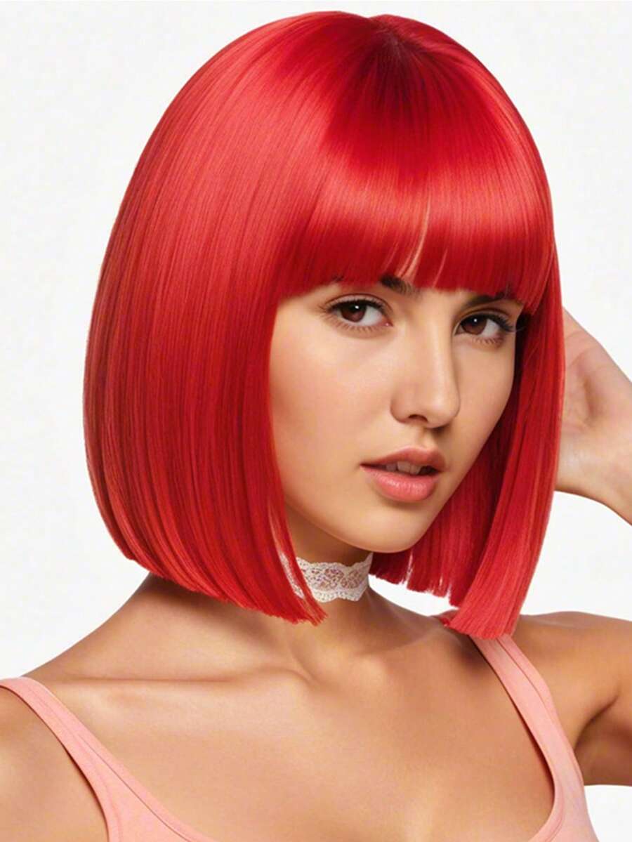 Stylish Red Bob Wig With Bangs - Short Straight Cosplay Wig For Halloween Parties, Versatile For All Ethnicities, Costume Hairpiece Versatile Wig Stylish Bangs, Wig Accessories - Red - View 1