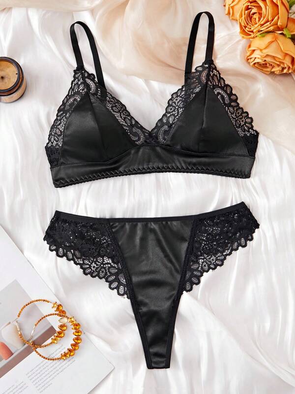 Women Lace Trim Satin Sexy Lingerie Set, Wireless Unlined Bra And Panty 2 Pieces