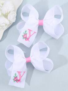 2 件女孩 A-Z 刺绣字母印花蝴蝶结发夹，简约白色缎带蝴蝶结发夹，可爱时尚发饰，适合日常/派对/学校 - 彩色 - 查看 2