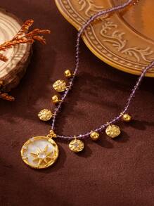 Colar de contas octogonais cravejadas de diamantes roxos, com tecnologia de gotejamento de óleo, banhado a ouro 18k, à prova d'água e de suor. Adequado para férias de verão na praia, atividades ao ar livre, passeios de fim de ano e joias femininas.