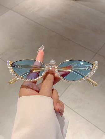 1 件女士猫眼设计简约时尚眼镜，带水钻装饰，学院风，适合返校季，猫眼形状，水钻装饰