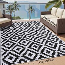 Tappeto da esterno impermeabile 9*12 ft, tappeto in plastica reversibile, tappeto da esterno moderno, grande tappeto da esterno per patii, camper, patio, giardino, terrazza, picnic, spiaggia, campeggio, nero e bianco