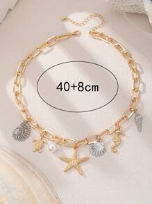1pc Metallic Ocean Creature Pendant & Faux Pearl Chunky Chain Necklace, Suitable For Women Beach Vacation Outfit