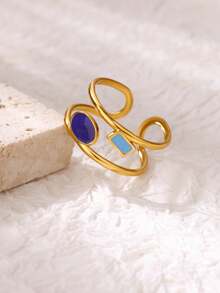 1 件油滴双层几何戒指女士不锈钢金色戒指 2025 新款婚礼结婚情侣首饰 - 彩色 - 查看 3