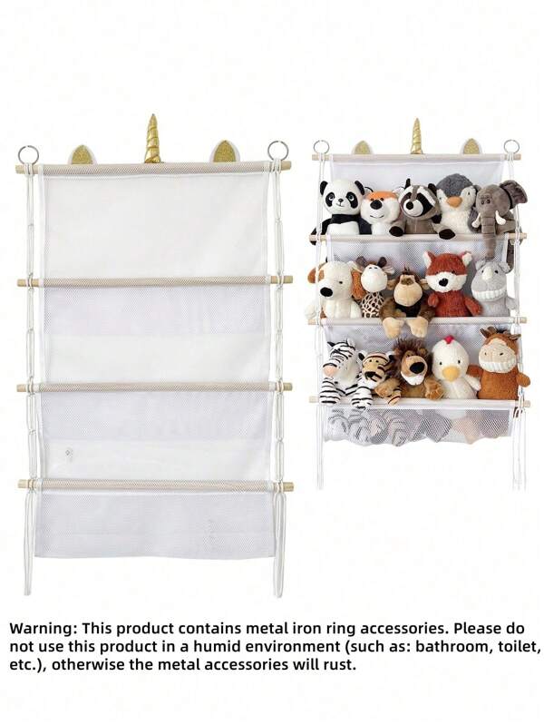 1pc Children Room 3-Layer Storage Rack Simple Decor Books Doll Hanging Decoration Wooden Stick Plush Doll Storage Mesh Bag Love Valentine