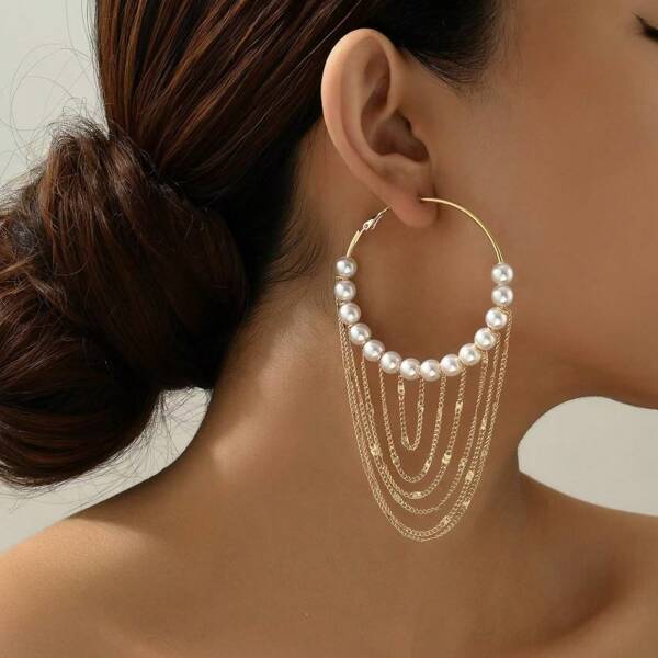 Boucles d'oreilles pendantes à décoration de perle exagérée, boucles d'oreilles à franges multicouches, boucles d'oreilles de niche, style européen et américain