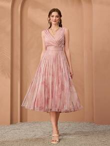 V-Neck Printed Chiffon Flared High-End Evening Dress