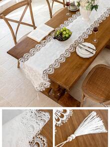 1pc Embroidered Lace Trim Table Runner With Tassel Decor, Suitable For Dining Table, Entryway Table, Side Cabinet, Holiday Decoration & Party Gift, Multiple Size Options - White - View 8