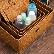 Seaweed Storage Basket Handwoven Storage Box With Lid Cosmetic Storage Box Rectangular Wardrobe Laundry Basket Wicker Basket Storage Basket Box Wicker - Multicolor - View 2