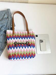 New Straw Woven Bag Women Large Capacity Shopping Tote Bag Striped Letter Beach Bag Embroidery Vacation Lightweight Oversized Bag