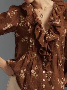 Women's Button Down Blouse Loose Fit Solid/Floral Print Ruffled V Neck Elbow Sleeve Tops - Brown - View 2