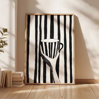 1 st/set minimalistisk svartvit väggkonsttryck, randig kaffekoppillustration, modern väggdekor, unik heminredning, monokrom kökskonstverk present, ingen ram