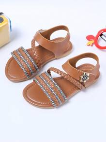 1 Pair Girls Woven Summer Sandals, Casual Fashion Versatile, Flat Beach Strap Princess Shoes, Extremely Soft Material, Suitable For Daily, Holiday, Travel